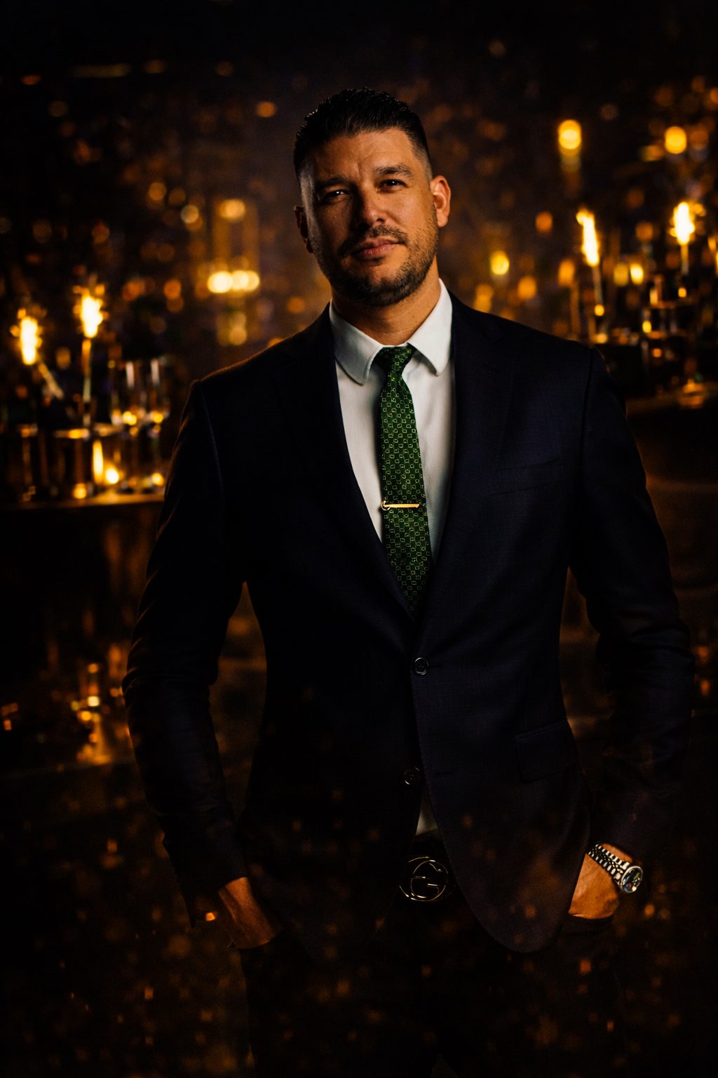 Wes Wiedemann in a navy suit and green tie, photographed against warm venue lighting